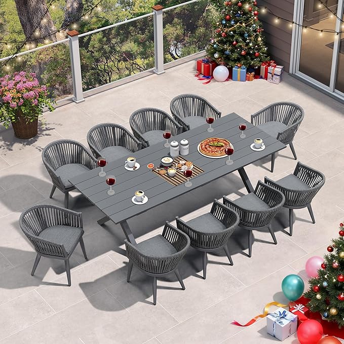 PURPLE LEAF 11 Pieces Outdoor Dining Set with Patio Aluminium Dining Table and Wicker Rattan Chairs Modern Furniture Cushions Sets for Backyard Indoor Decor Kitchen Grey