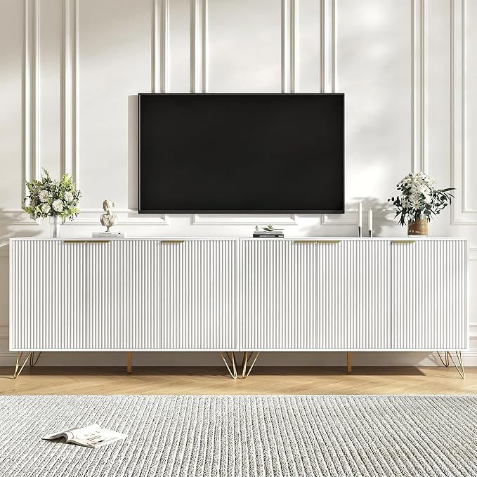Storage Cabinet Set of 2, White Fluted Cabinet with Adjustable Shelves, Modern Coffee Bar for Kitchen, Living Room and Office