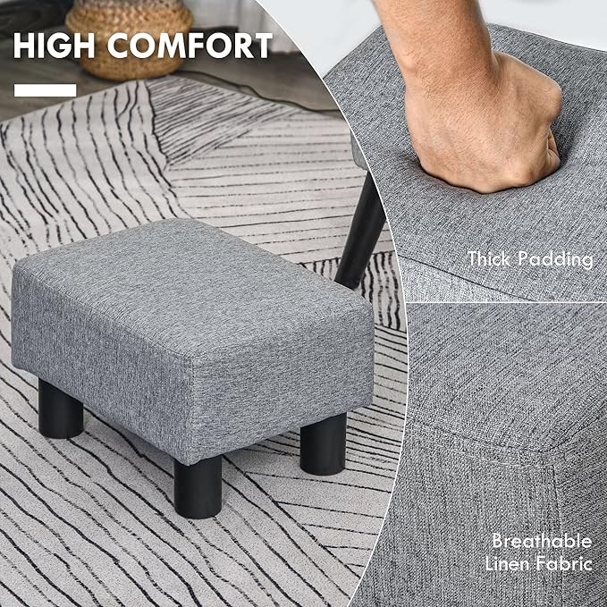 HOMCOM Ottoman Foot Rest, Small Foot Stool with Linen Fabric Upholstery and Plastic Legs, Cube Ottoman for Living Room, Gray