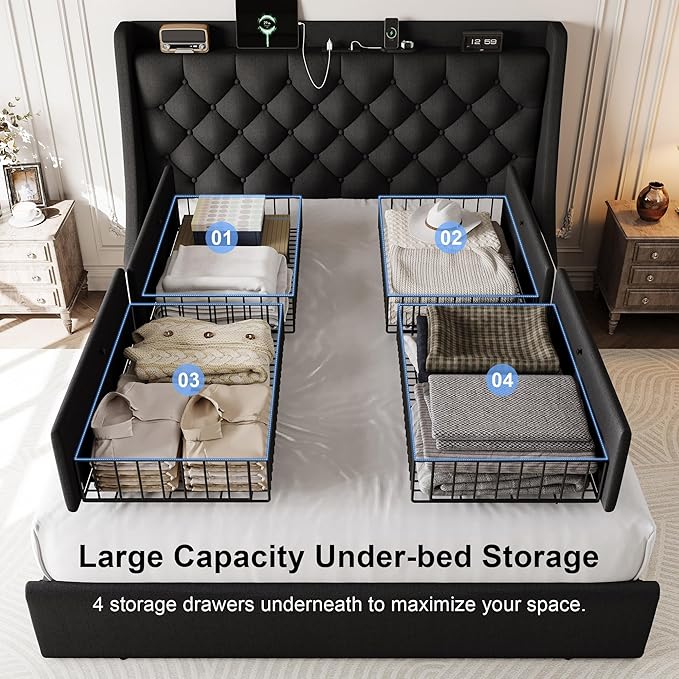 Queen Size Upholstered Platform Bed Frame with 4 Storage Drawers and Charging Station, Linen Button Tufted Wingback Headboard, Sturdy Wooden Support Slats, No Box Spring Needed, Black