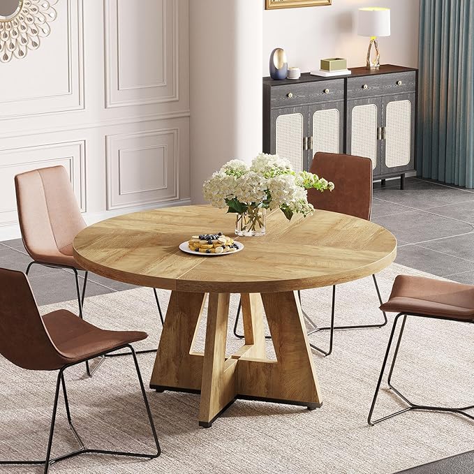 Tribesigns Round Dining Table for 4, 47 inch Farmhouse Circle Kitchen Table with Wooden Pedestal Base for Kitchen, Dining Room, Living Room (Light Wood)