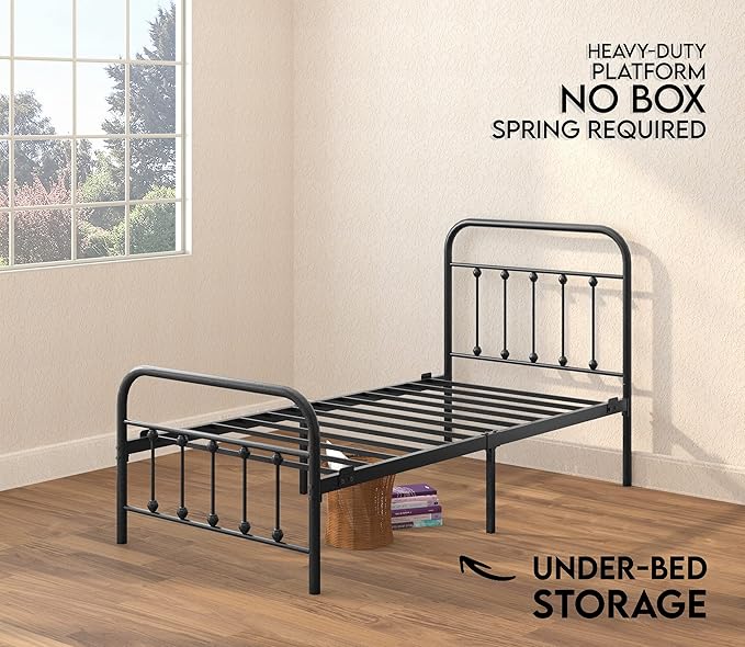 Golden Gate Beds Vintage Wrought Iron Bed Frame with Classic Metal Platform Base, Headboard and Footboard, No Box Spring Needed, Easy Assembly, Mattress Base, Noise-Free, Sleek Black Finish, Twin Size