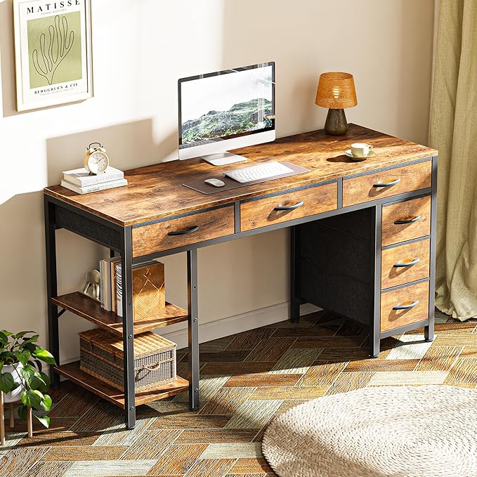 Huuger Computer Desk with 6 Drawers, 47 Inch Office Desk with Shelves, Reversible Gaming Desk, Corner Desk with Storage, Work for Home Office, Study, Living Room, Rustic Brown