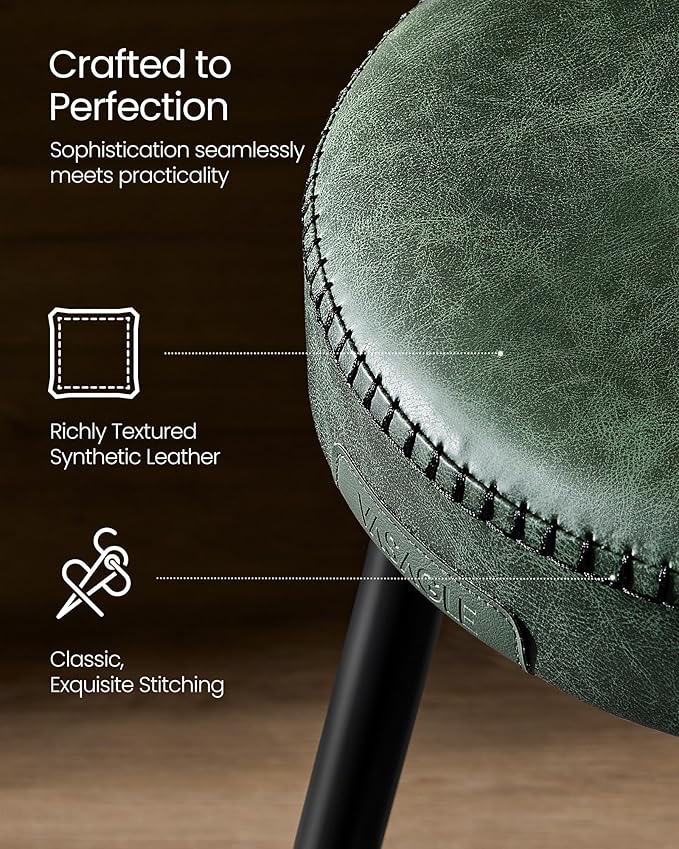 VASAGLE EKHO Collection - Dining Chairs Stools Set of 2, Upholstered Kitchen Chairs, Vanity Stools, Synthetic Leather with Stitching, Mid-Century Modern, 19-Inch Tall, Easy Assembly, Forest Green