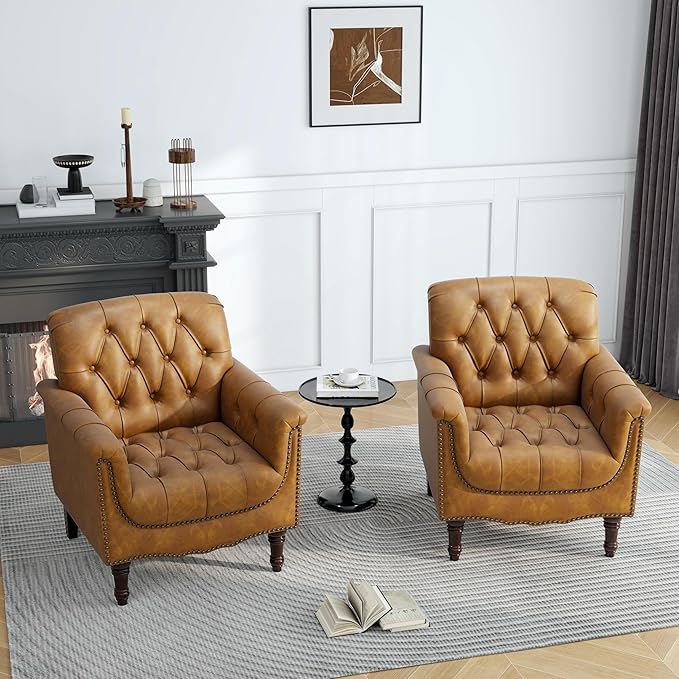 UIXE Faux Leather Accent Chairs Set of 2, Comfy Club Chair Upholstered Armchair for Living Room, Button Tufted Arm Chair Retro Single Sofa Side Reding Seat for Bedroom - Camel