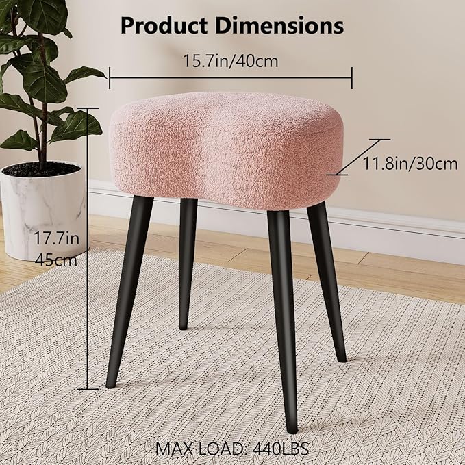 White Vanity Stool, Soft Makeup Stool with Solid Metal Legs for Vanity Corner, Morden Footrest Easy to Assembly (Pink)