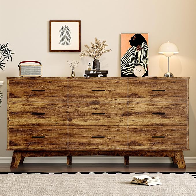 Dresser for Bedroom with 9-Drawer, 59" Wide Modern Chest of Drawers with Metal Handles, X-Shape Base & Adjustable Center Leg, Anti-Tip Closet Organizers and Storage