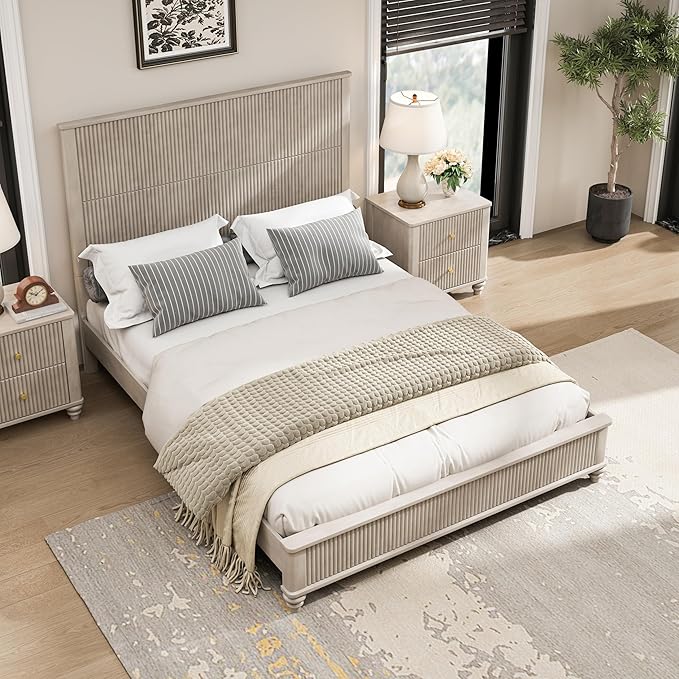 Queen Size Solid Wood Platform Bed Frame, Solid Wood Bed with 63.58" Headboard, Solid Wood Leg/No Box Spring Needed/Noise Free/Beige