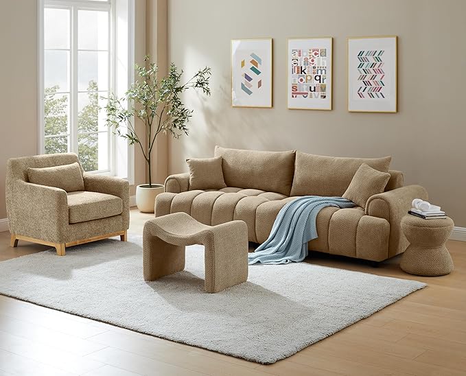 Modern Boucle Ottoman, Vanity Stool Chair, Foot Stool with Wooden Legs Sofa Bench Footstool Extra Seat for Vanity, Makeup Room, Living Room, Entryway, Set 2, Camel