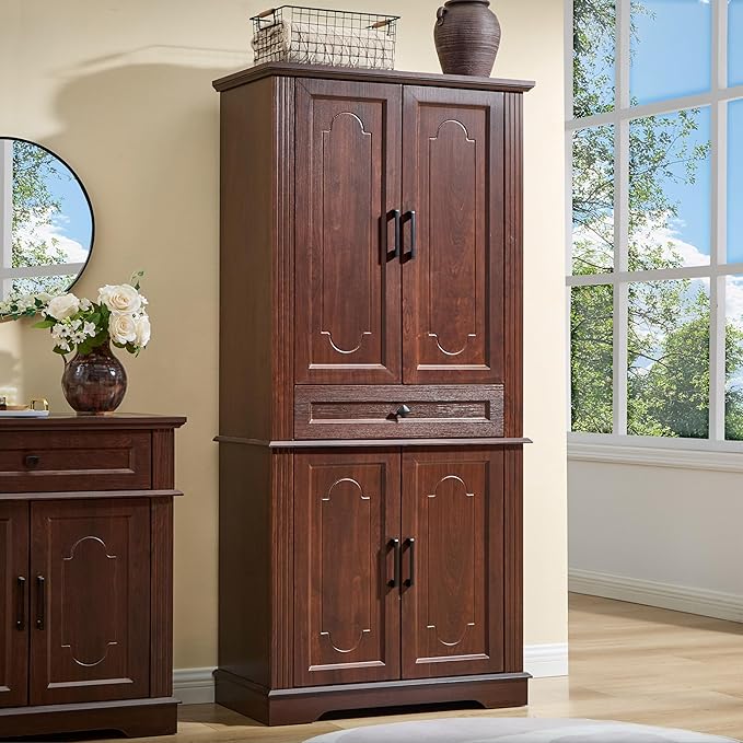 71" Tall Pantry Cabinet with Drawer and Adjustable Shelves, Modern Storage Cabinet with Doors, Kitchen Buffet Cabinet, Food Pantry Storage Cabinet, Coffee Bar, Living Room and Dining Room Cherry