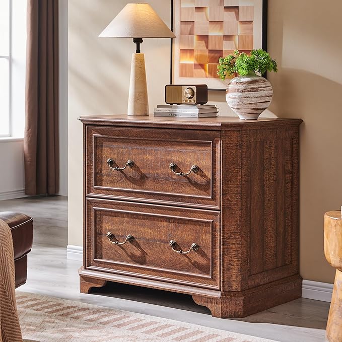 T4TREAM 34" Lateral File Cabinet with 2 Drawers, Farmhouse Filing Cabinet with 34" Wide Wooden Tabletop & Smooth Rails, Holds Letter/Legal, Hexagonal Design & Framed Drawer Fronts, Reclaimed Barnwood