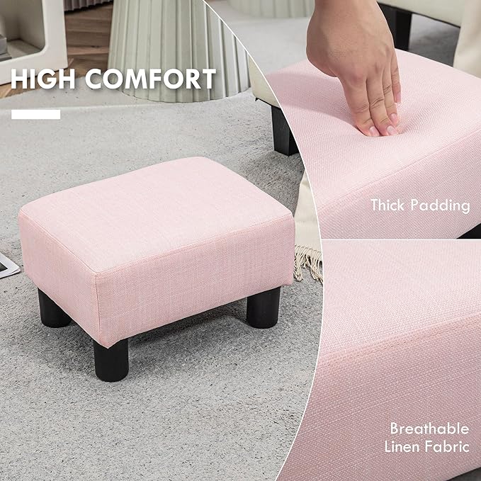 HOMCOM Ottoman Foot Rest, Small Foot Stool with Linen Fabric Upholstery and Plastic Legs, Cube Ottoman for Living Room, Pink