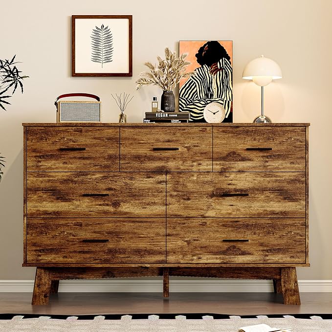 Dresser for Bedroom with 7-Drawer, 47.2" Wide Modern Chest of Drawers with Metal Handles, X-Shape Base & Adjustable Center Leg, Anti-Tip Closet Organizers and Storage