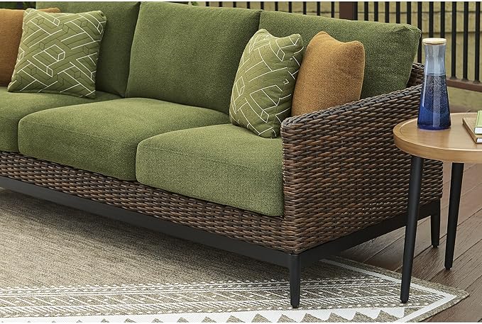 Signature Design by Ashley Horizon Hall Vintage Outdoor Nuvella Weather Resistant Fabric, Resin Wicker Sofa with Cushion and 2 Accent Pillows, Green & Dark Brown