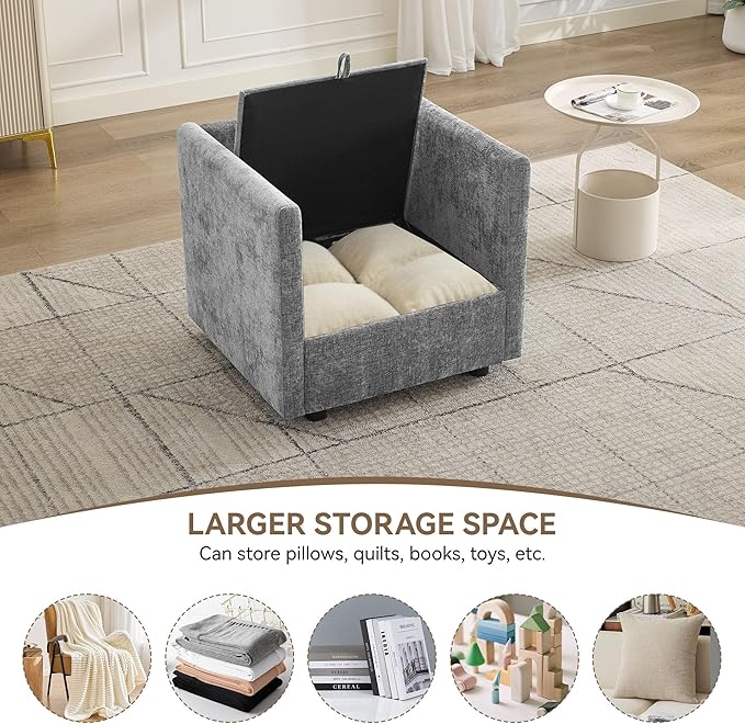 30" Cloud Modular Single Sofa Chair with Storage, Modern Upholstered Accent Chair Deep Seat, Chenille Reading Lounge Armchair for Living Room, Bedroom, Small Space, Light Grey
