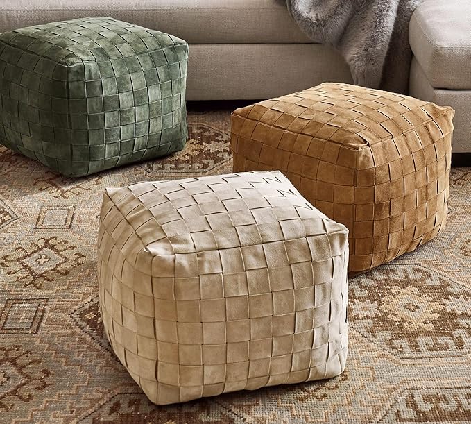 Luxury Handcrafted Suede Basketweave Pouf Ottoman – Soft & Durable Floor Cushion, Footrest, and Accent Seating for Living Room, Bedroom, & Office – Stylish Modern Home Décor (Camel, 18" x 18" x 14")