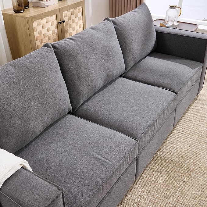 90 Inches Cloud Modular Sectional Sofa, L Shaped Linen Couch with Reversible Chaise, 3 Seater Convertible Comfortable Sofa Couch for Living Room/Apartment, Grey