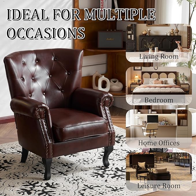 Modern Accent Chair Set of 2, Mid-Century PU Leather Armchair with Solid Wood Legs, Single Sofa Chair for Living Room, Bedroom, Leisure Room, or Reading Room(Reddish Brown)