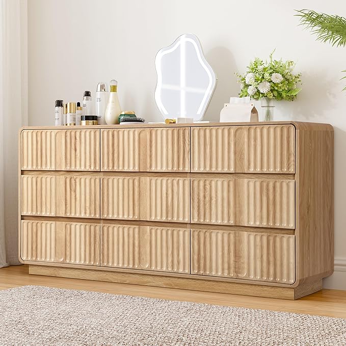 Fluted 9 Drawer Dresser for Bedroom, 60" Wide Modern Chest of Storage Drawers, Wood Dresser & Chest of Drawers with Curved Corners, Dressers TV Stand for Living Room (60" Natural 9 Drawer)