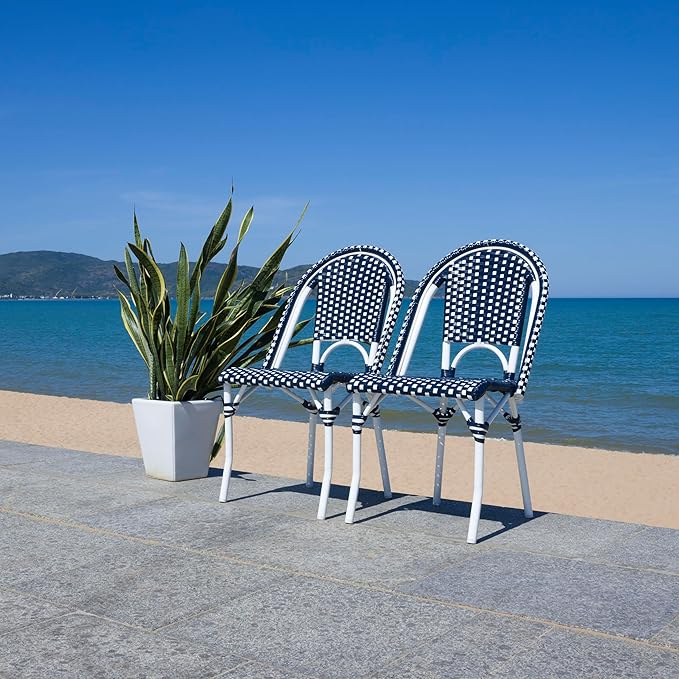 SAFAVIEH Outdoor Collection California Navy/White/White Bistro Side Chair Set of 2 (Fully Assembled)