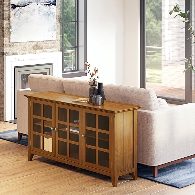 SIMPLIHOME Acadian SOLID WOOD 62 inch Wide Transitional Wide Storage Cabinet in Light Golden Brown for the Living Room, Entryway and Family Room