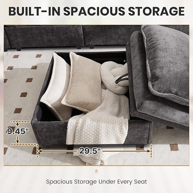 130" U Shaped Modular Sectional Sofa, Couch with Ottoman Storage, Chenille Cloud Couch with Plush Deep Seating for Living Room, Bedroom (9 Seat, Grey)
