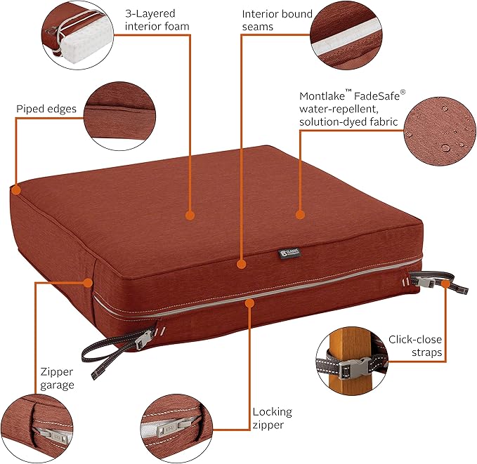 Classic Accessories Montlake Water-Resistant 23 x 25 x 5 Inch Rectangle Outdoor Seat Cushion, Patio Furniture Chair Cushion, Heather Henna Red, Patio Furniture Cushion Covers