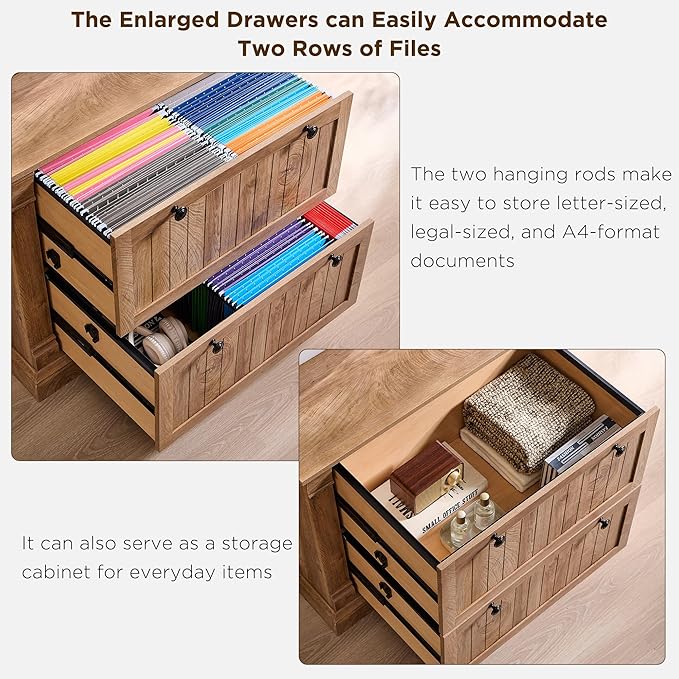 OKD Farmhouse File Cabinet with 2 Drawers, 35.3" Lateral Filing Cabinet with Hanging File Folders, Interlocking Drawers, Wood Rustic Storage Cabinet for Home Office, Living Room, Light Knotty Oak
