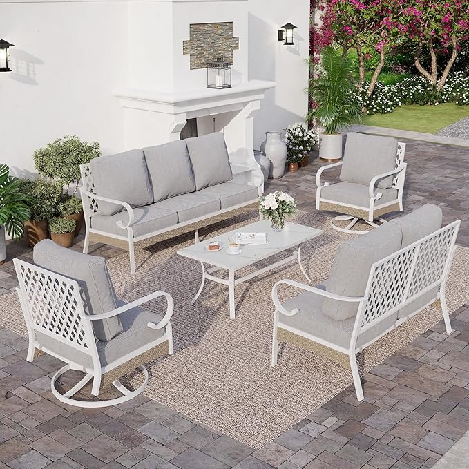 6 Piece Metal Outdoor Patio Furniture Set, Patio Conversations Set 3-Seater Couch, 2-Seater Sofa, 2 Swivel Sofa with 5.75" Thick Cushion and Coffee Table White Backyard Furniture, Gray