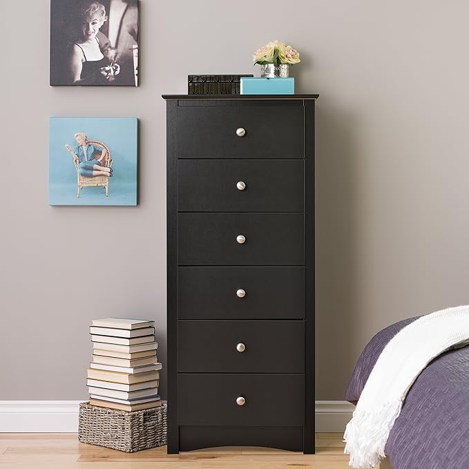 Prepac Sonoma 6 Drawer Dresser for Bedroom, Tall Chest of Drawers, Bedroom Furniture, Clothes Storage and Organizer, 19" D x 23.25" W x 52.75" H, Black