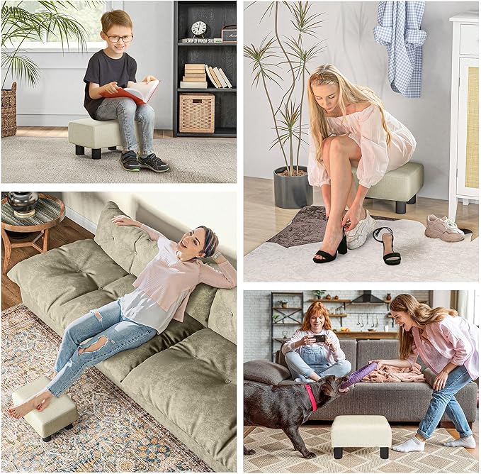 HOMCOM Ottoman Foot Rest, Small Foot Stool with Linen Fabric Upholstery and Plastic Legs, Cube Ottoman for Living Room, Beige