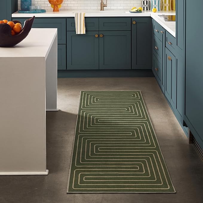 RUGGABLE x Jonathan Adler Machine Washable Modern Runner Rug – Labyrinth Fern Green 2.5x7, Stain-Resistant, Non-Slip – Washable Rug for Hallway, Entryway, Living Room & Kitchen–with Standard Pad