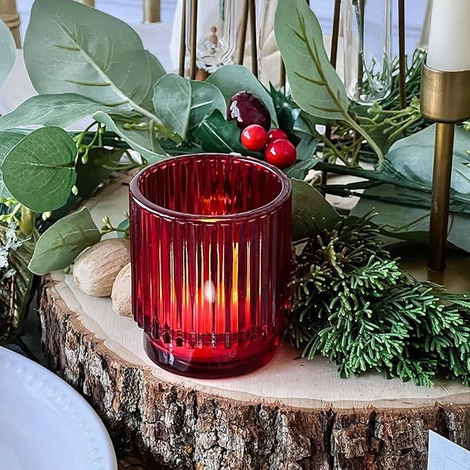 Kate Aspen Vintage Ribbed Red Glass Candle Holders Set of 6 - Votive & Tealight Candle Holder Decor for Holiday Table Decor, Christmas Dining Tablescape, Fall & Boho Home Accents (27206RD)