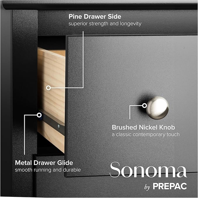 Prepac Sonoma 6 Drawer Dresser for Bedroom, Tall Chest of Drawers, Bedroom Furniture, Clothes Storage and Organizer, 19" D x 23.25" W x 52.75" H, Black
