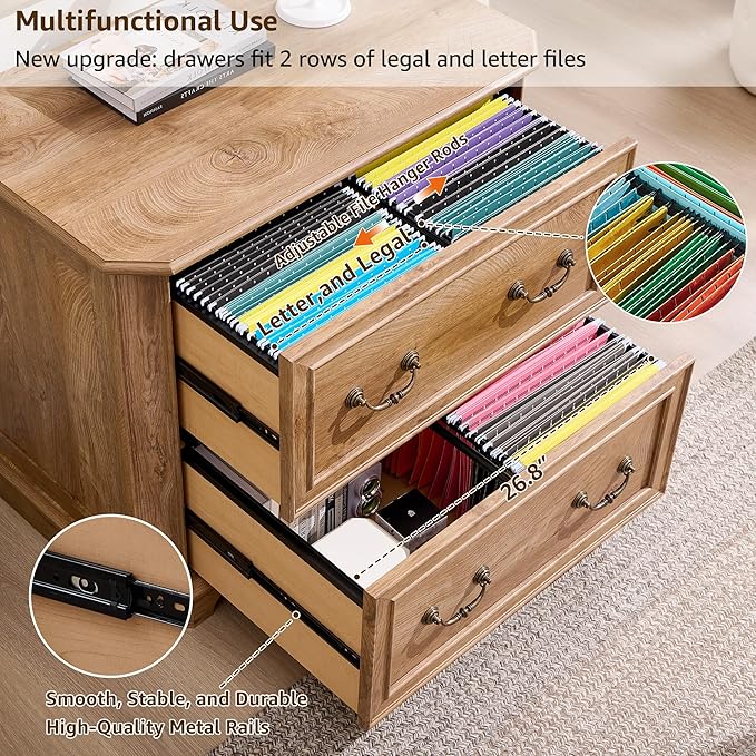 T4TREAM 34" Lateral File Cabinet with 2 Drawers, Farmhouse Filing Cabinet with 34" Wide Wooden Tabletop & Smooth Rails, Holds Letter/Legal, Hexagonal Design & Framed Drawer Fronts, Light Knotty Oak