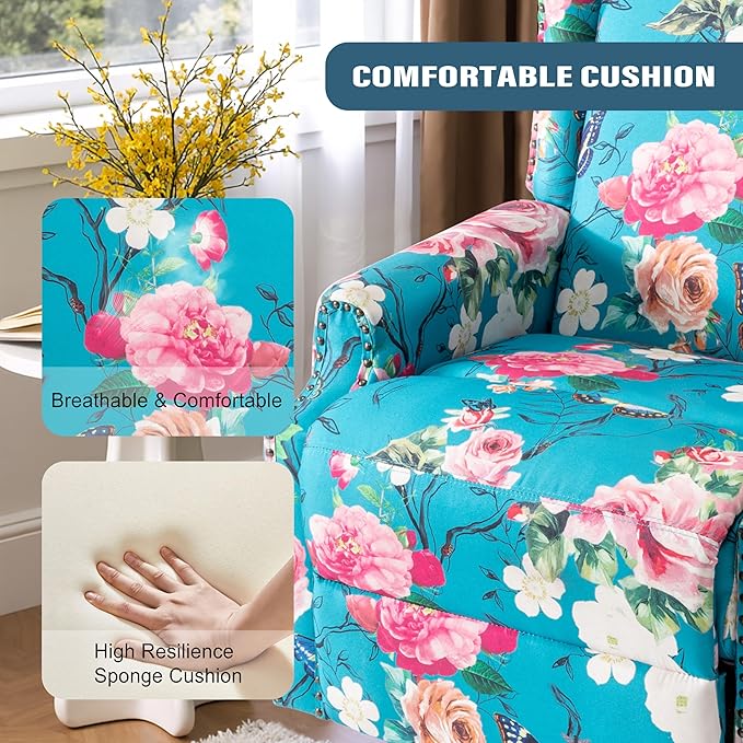 Pia Ricco Swivel Glider Recliner Chairs Set of 2, High Back Rocker Reclining Accent Chair with Smooth Manual Mechanism for Nursery, Comfortable & Quiet Upholstered Armchair Seating-Peacock Blue Rose