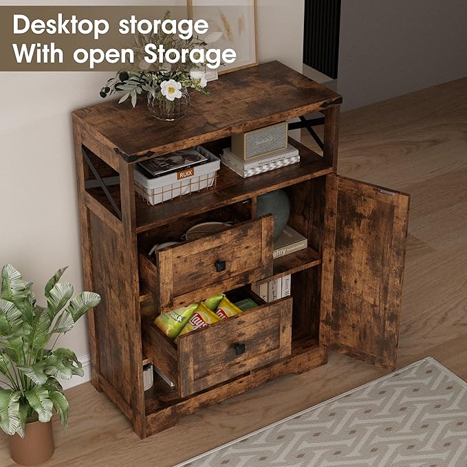 Fameill Farmhouse Storage Cabinet with 2 Drawers & Shelves,Freestanding Kitchen Cabinet with Doors,Floor Storage Organization for Living Room,Bathroom,Laundry,Brown