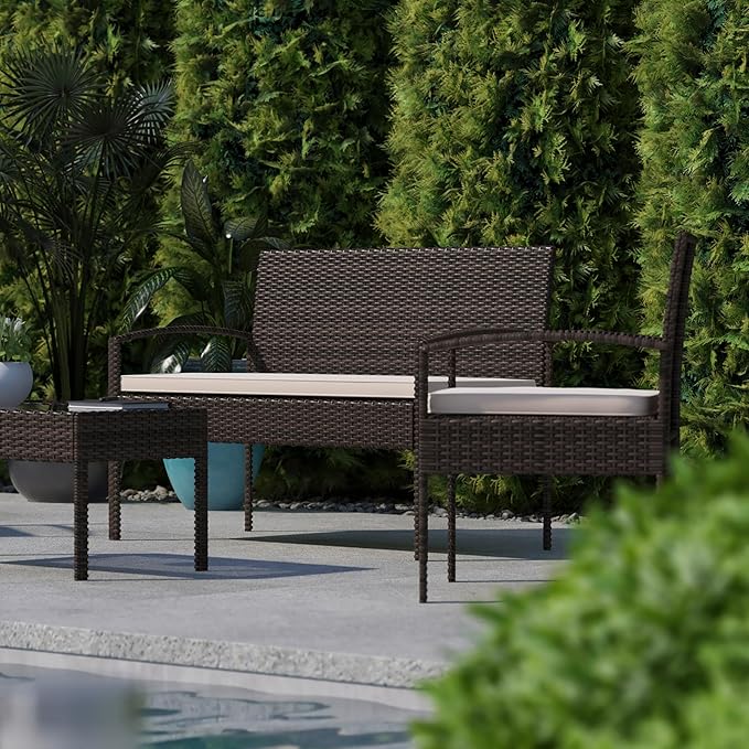 Flash Furniture Aransas Series 4 Piece Brown Patio Set with Steel Frame and Beige Cushions