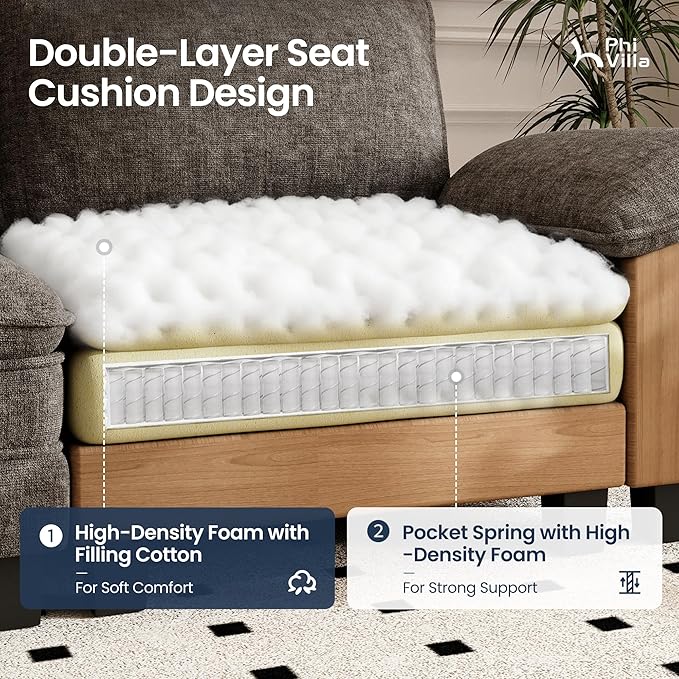 PHI VILLA Indoor Modular Couches Sets, 87.5" Sectional Loveseat Sofa with Upholstered Deep Seat, 2-Seater Comfy Couches for Living Room Bedroom, Chenille Fabric, Smoky Grey
