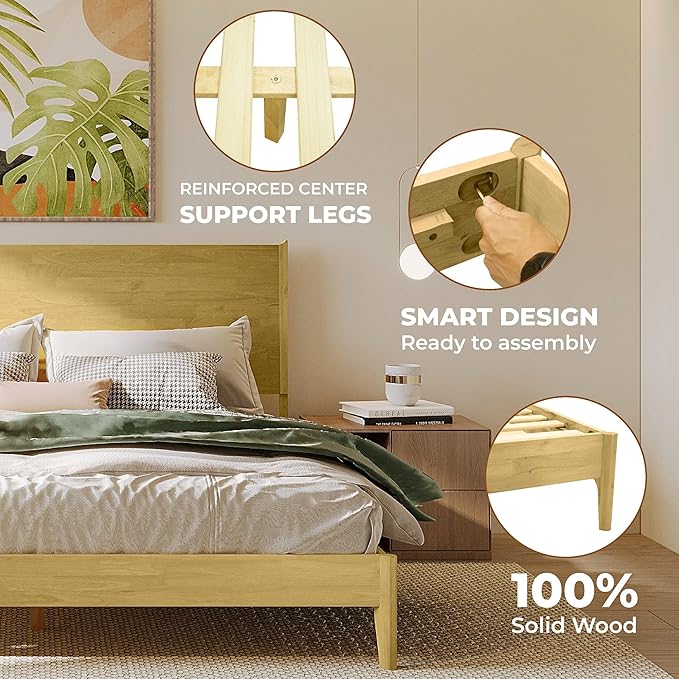 Acacia Haven Queen Bed Frame and Headboard, Platform Bed Frame Scandinavian Wood Bed Compatible with All Mattress Types, Wood Slats Support 800lbs Capacity, Quick & Easy Assembly, Oak.
