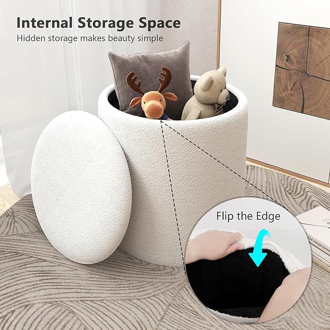 Ottoman Poufs with Storage, Set of 2 Soft Upholstered Vanity Stool,Multifunctional Ottomans Coffee Table Padded Seat Foot Rest for Living（White, Pack of 2）