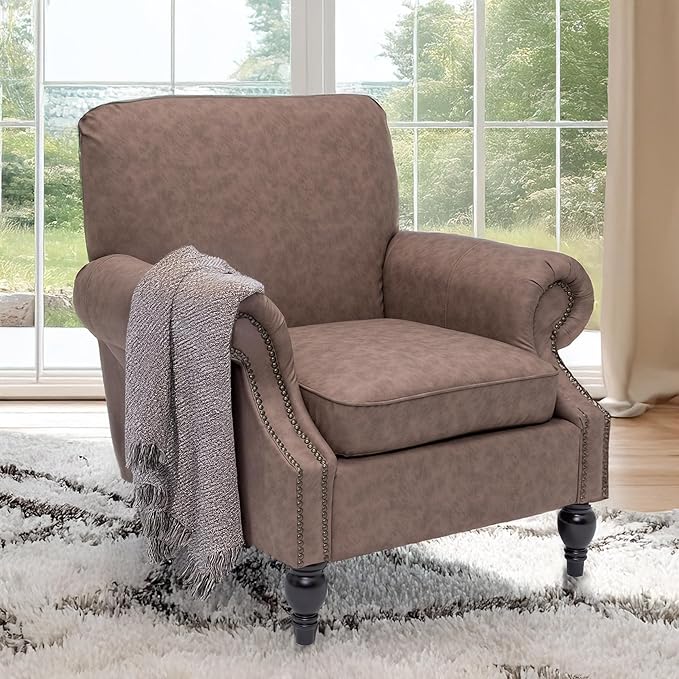 Accent Chair,22.4" Seat Depth Armchair with Roll Arms,36.6W*34.3D*34.6H Living Room Chair,Wood Legs,Set of 1,Faux Leather in Taupe