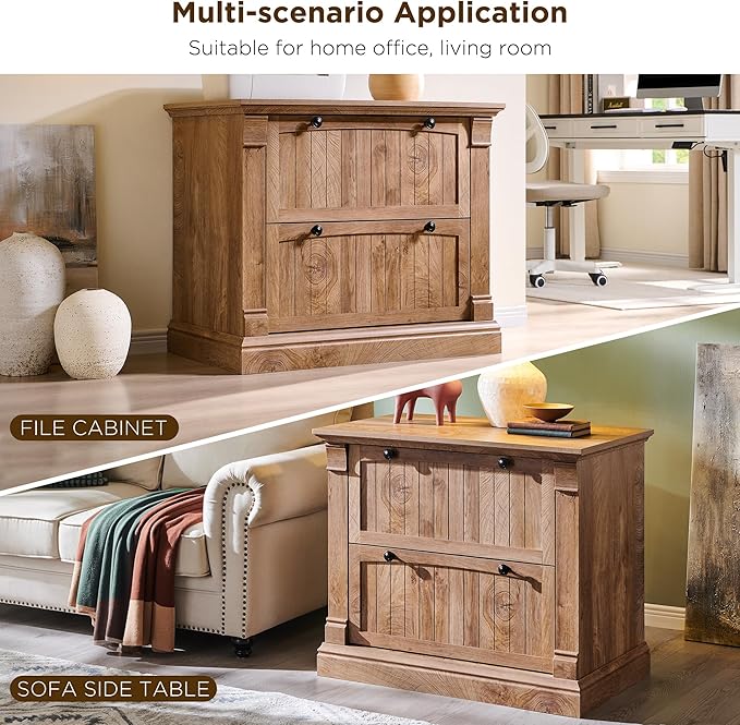 OKD Farmhouse File Cabinet with 2 Drawers, 35.3" Lateral Filing Cabinet with Hanging File Folders, Interlocking Drawers, Wood Rustic Storage Cabinet for Home Office, Living Room, Light Knotty Oak