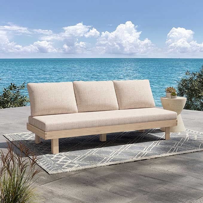 Christopher Knight Home Topia Acacia Wood Outdoor 3 Seater Sofa with Cushion, Wooden Patio Sofa Couch with Cushion, Comfy Armless Cloud Sofa Couch, Patio Furniture Sofa Set, Light Wash+Beige