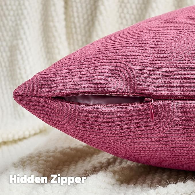 FUTEI Hot Pink Chenille Decorative Throw Pillow Covers 18x18 Inch Set of 2,Soft Cozy Striped Geometric Patterns Cushion Cases,Modern Home Decor for Couch Bed Living Room