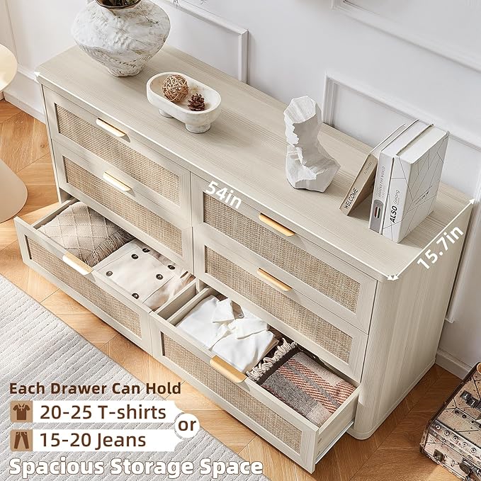 LEYAOYAO Rattan 6 Drawer Dresser for Bedroom, Boho 54" Wide White Dresser Chest of Drawers, Dressers TV Stand with Metal Handle, Storage Dressers Closet Organizer for Living Room, Hallway
