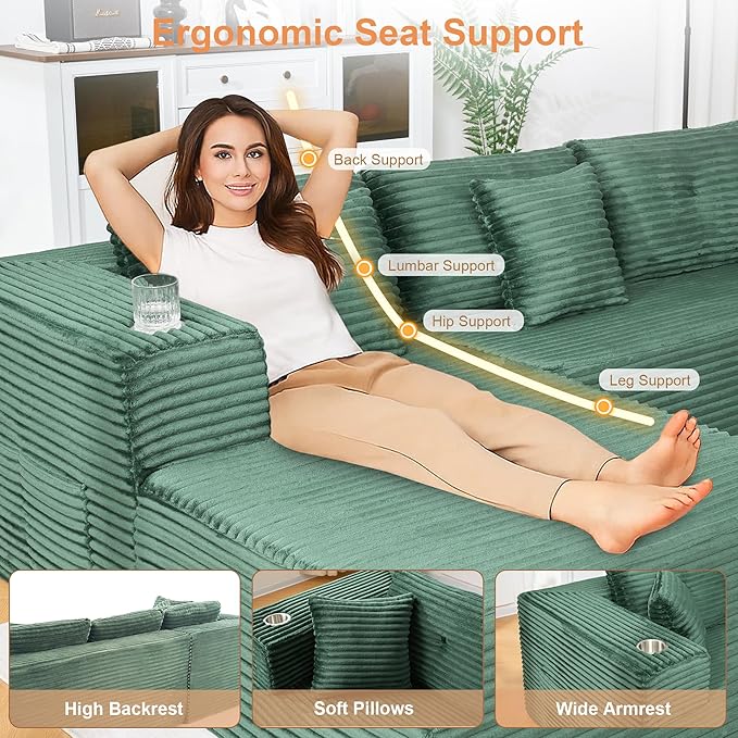 Modular Sectional Sofa, L Shaped Comfy Cloud Couch with Deep Seat, Boneless Couch for Living Room, Modern Sectional Sleeper with Chaise, No Assembly Required, Sofa in A Box, Green Corduroy