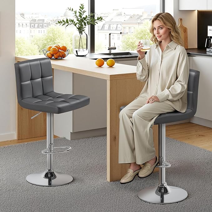 Yaheetech 2 Pack Bar Stools with Backrest, Adjustable Height 25"-36" Swivel Counter Stools, PU Leather Kitchen Barstools with Footrest for Kitchen Island, Dining Room, Gray