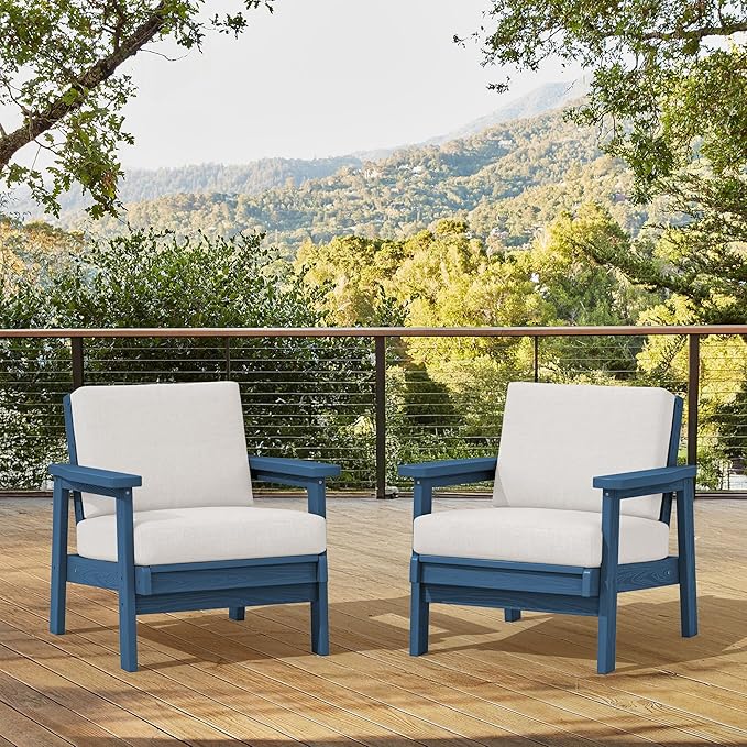 SERWALL HDPE Outdoor Couch Set of 2, Blue Frame and Khaki Cushion