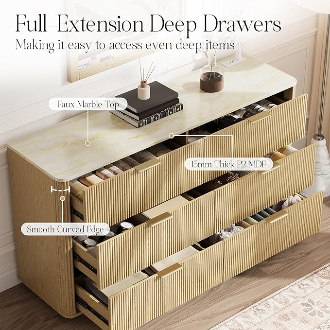 Fluted 6 Drawers Dresser with Charging Station, 55" Wide Modern Chest of Drawers with Faux Marble Top, Wooden Dresser TV Stand, Wood Drawer Organizer for Bedroom, Living Room, Hallway, Natural Oak